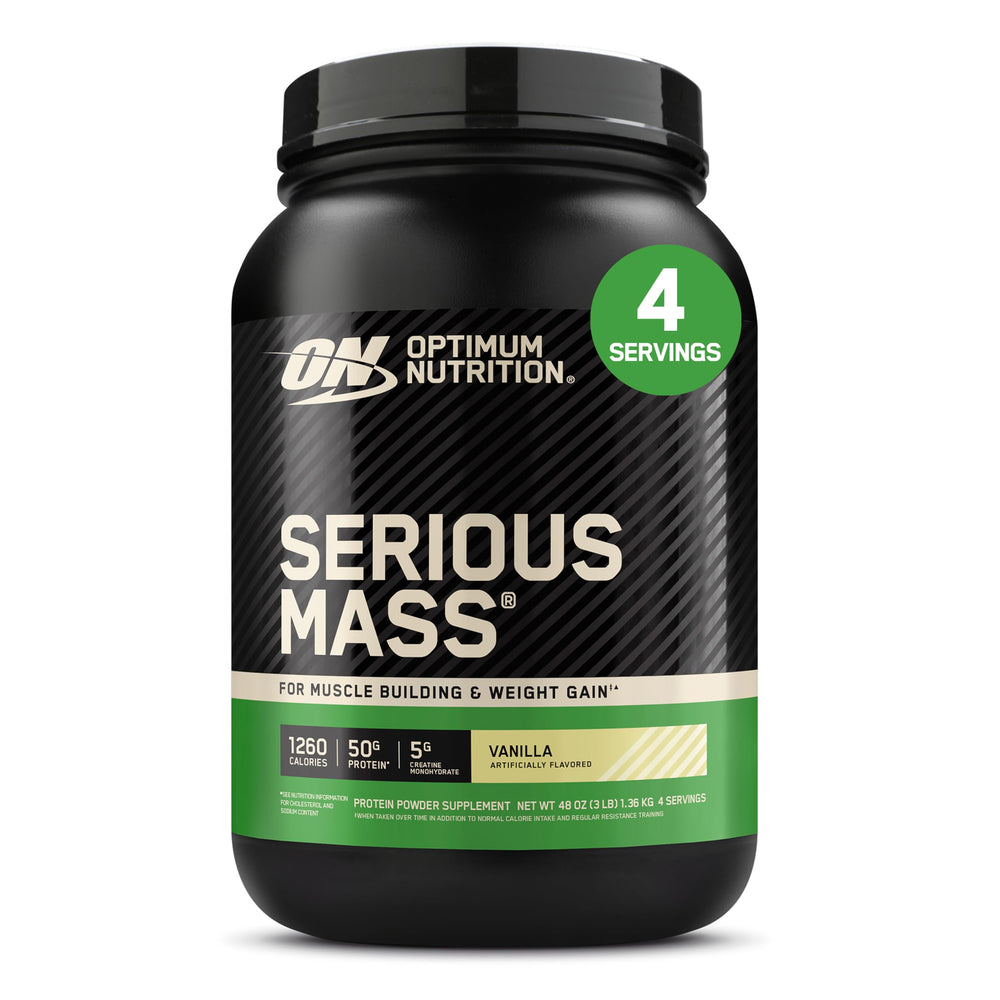 Optimum Nutrition envase frontal mostrando sabor vainilla y alto aporte calórico