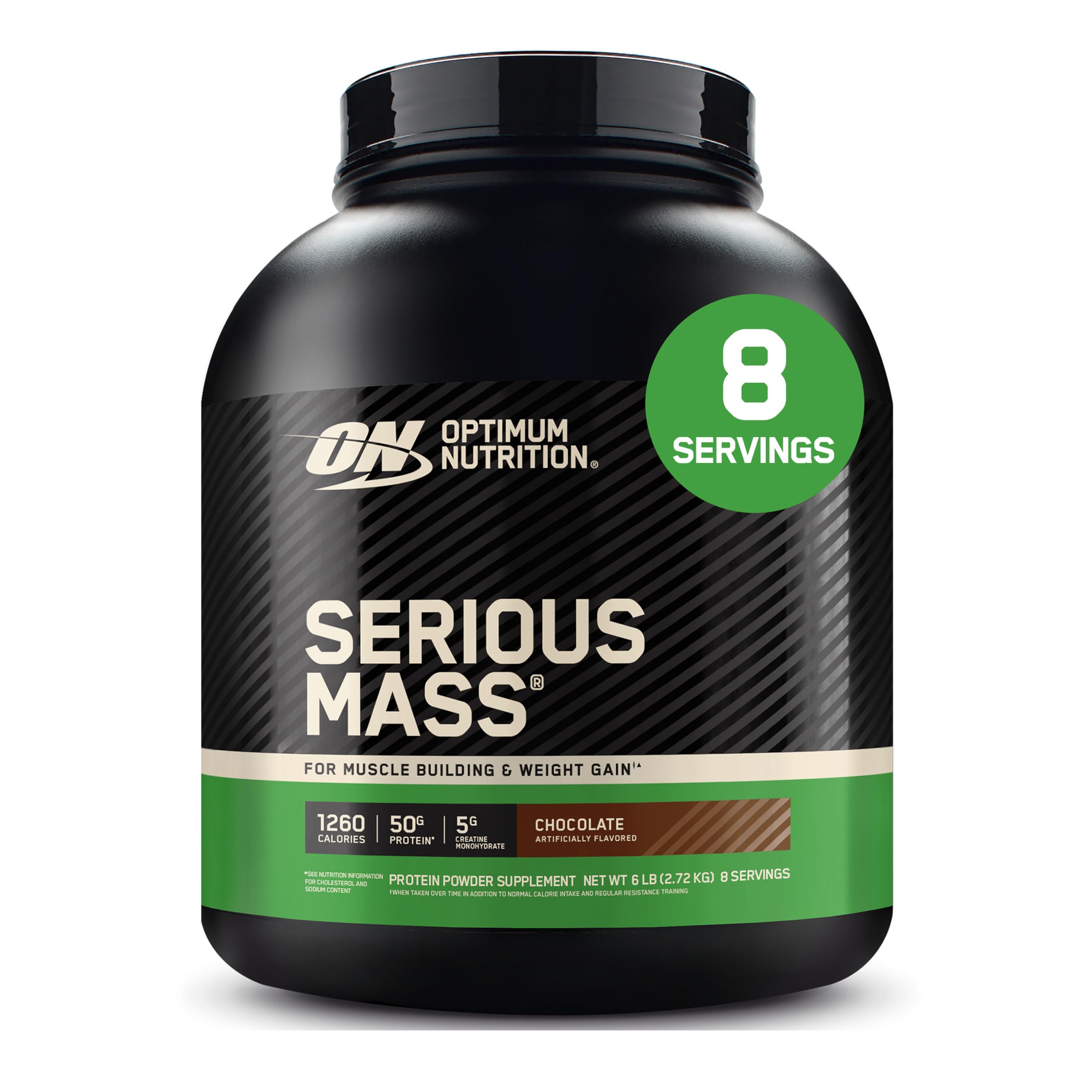 Optimum Nutrition envase frontal Serious Mass mostrando tamaño y marca, claridad instantánea