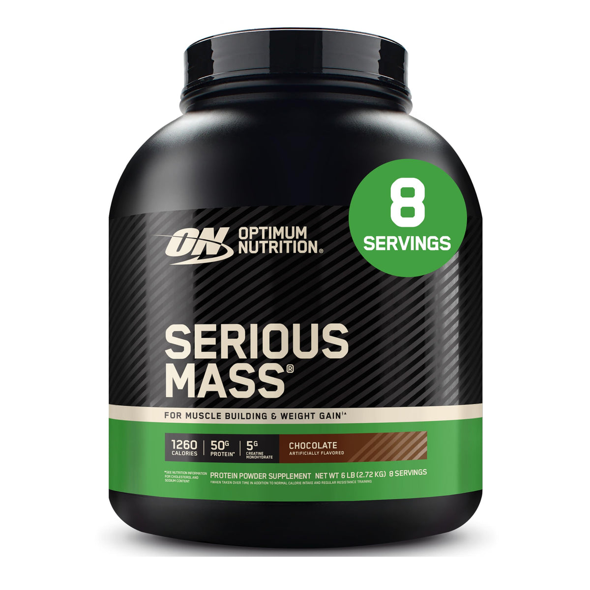 Optimum Nutrition envase frontal Serious Mass mostrando tamaño y marca, claridad instantánea