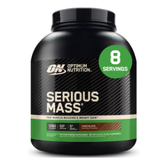 Optimum Nutrition envase frontal Serious Mass mostrando tamaño y marca, claridad instantánea