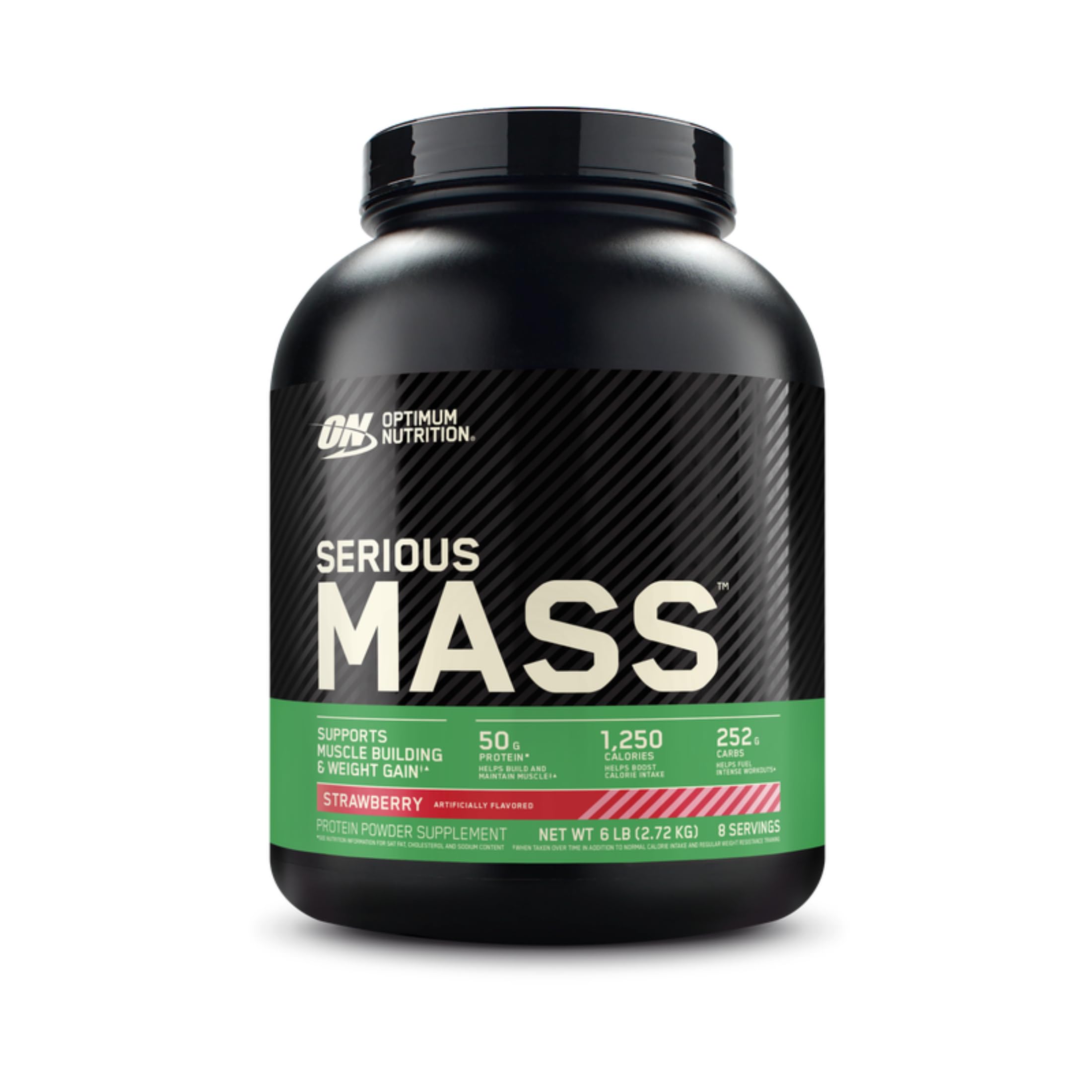 Optimum Nutrition frasco frontal mostrando etiqueta y beneficio aporte calórico