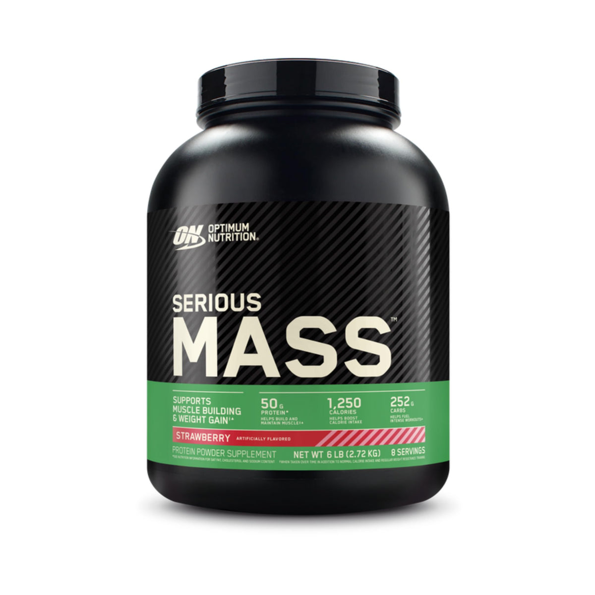 Optimum Nutrition frasco frontal mostrando etiqueta y beneficio aporte calórico