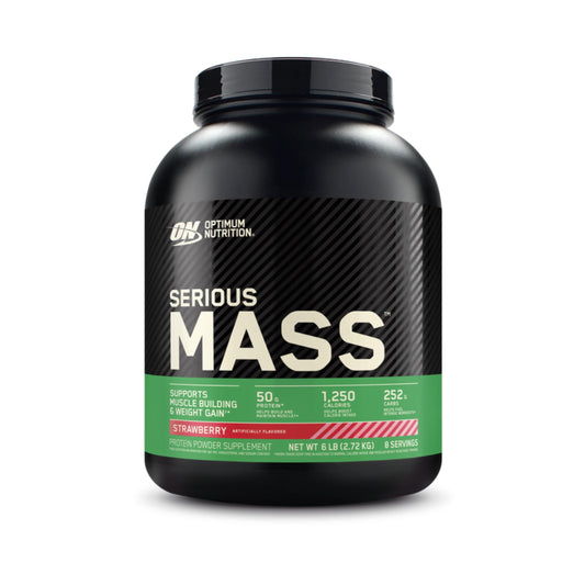 Optimum Nutrition frasco frontal mostrando etiqueta y beneficio aporte calórico