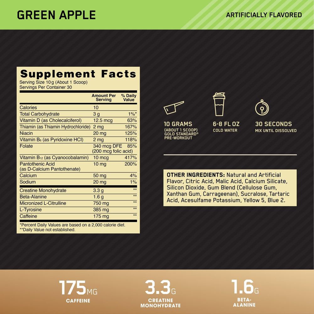 Cucharada con una porción de Optimum Nutrition para medir 3 g de creatina y 175 mg cafeína