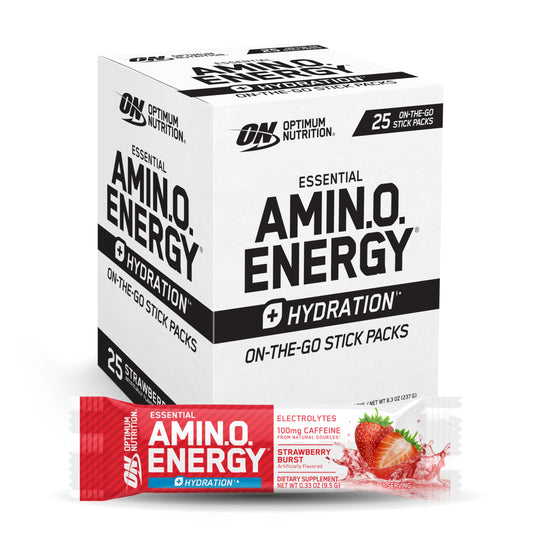Optimum Nutrition frente del envase Strawberry Burst muestra conveniencia