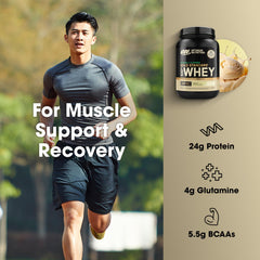 Optimum Nutrition frasco junto a manzana para comparar tamaño y porciones