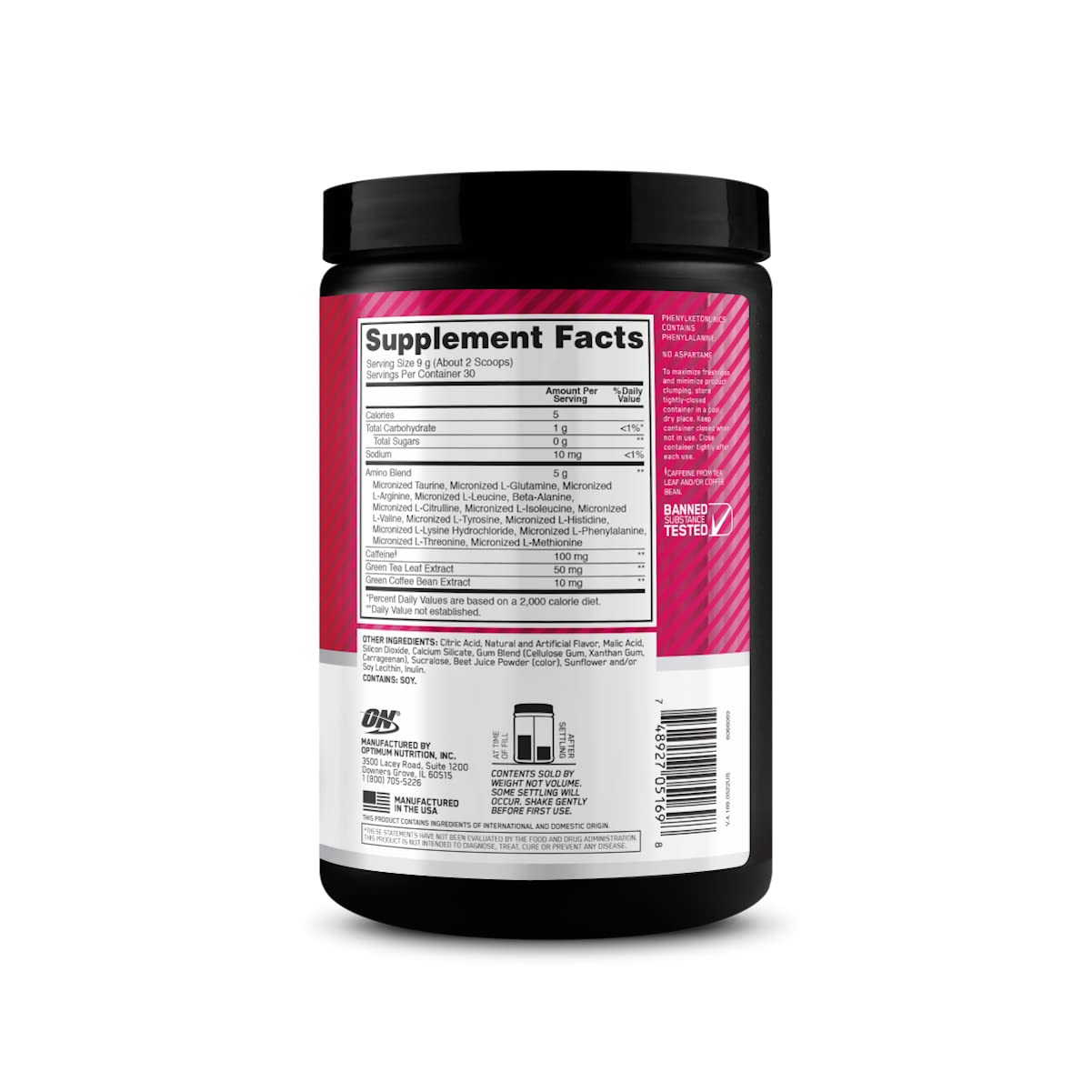 Optimum Nutrition envase junto a una mano para ver escala y tamaño práctico