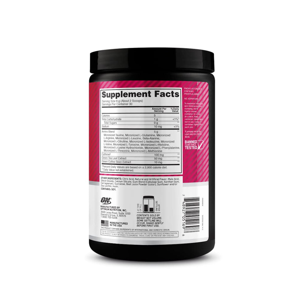 Optimum Nutrition envase junto a una mano para ver escala y tamaño práctico