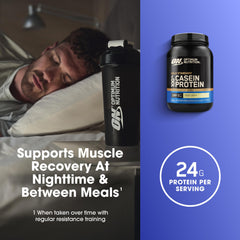 Optimum Nutrition envase junto a objetos para comparar tamaño y raciones prácticas