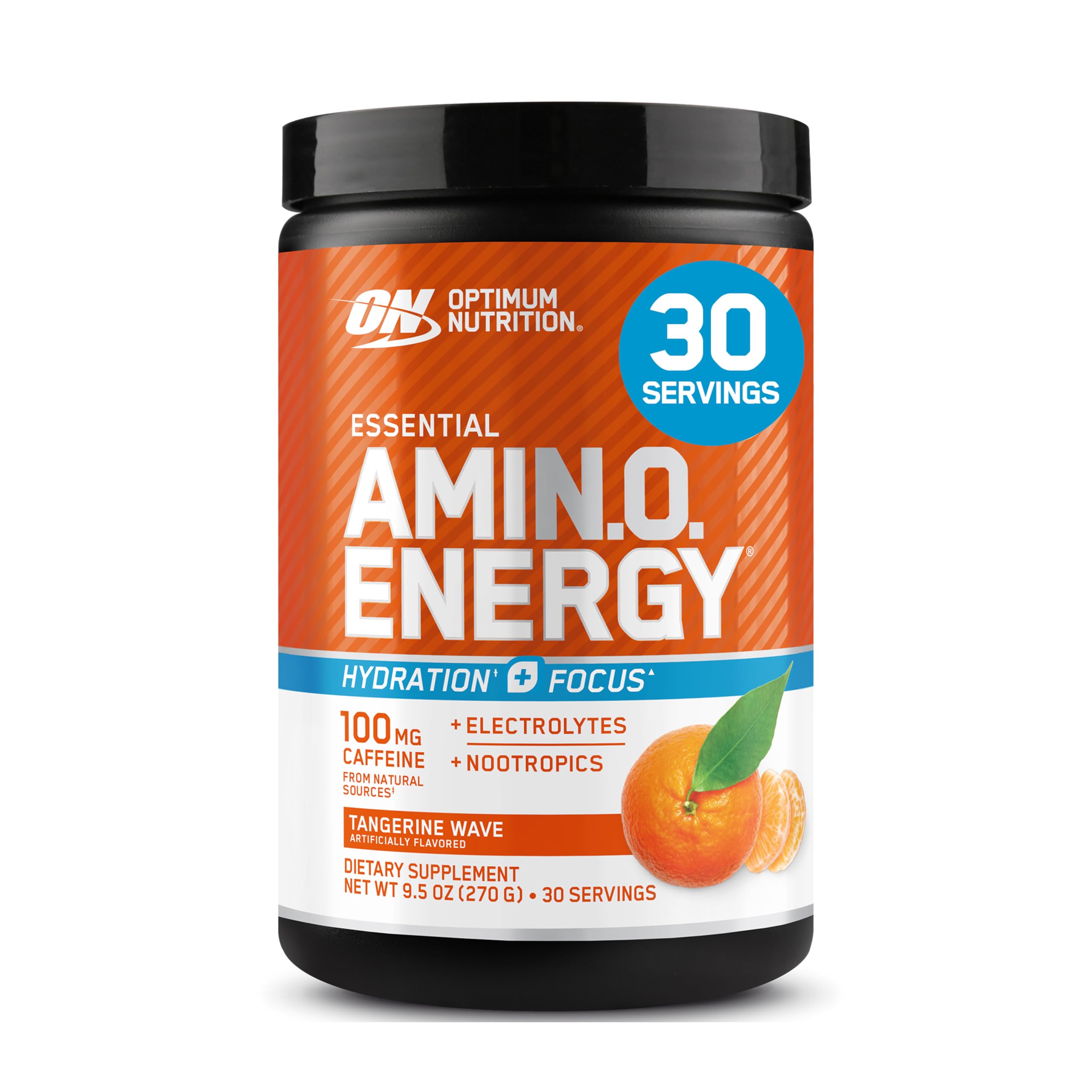 Optimum Nutrition envase frontal Tangerine Wave mostrando diseño y beneficios
