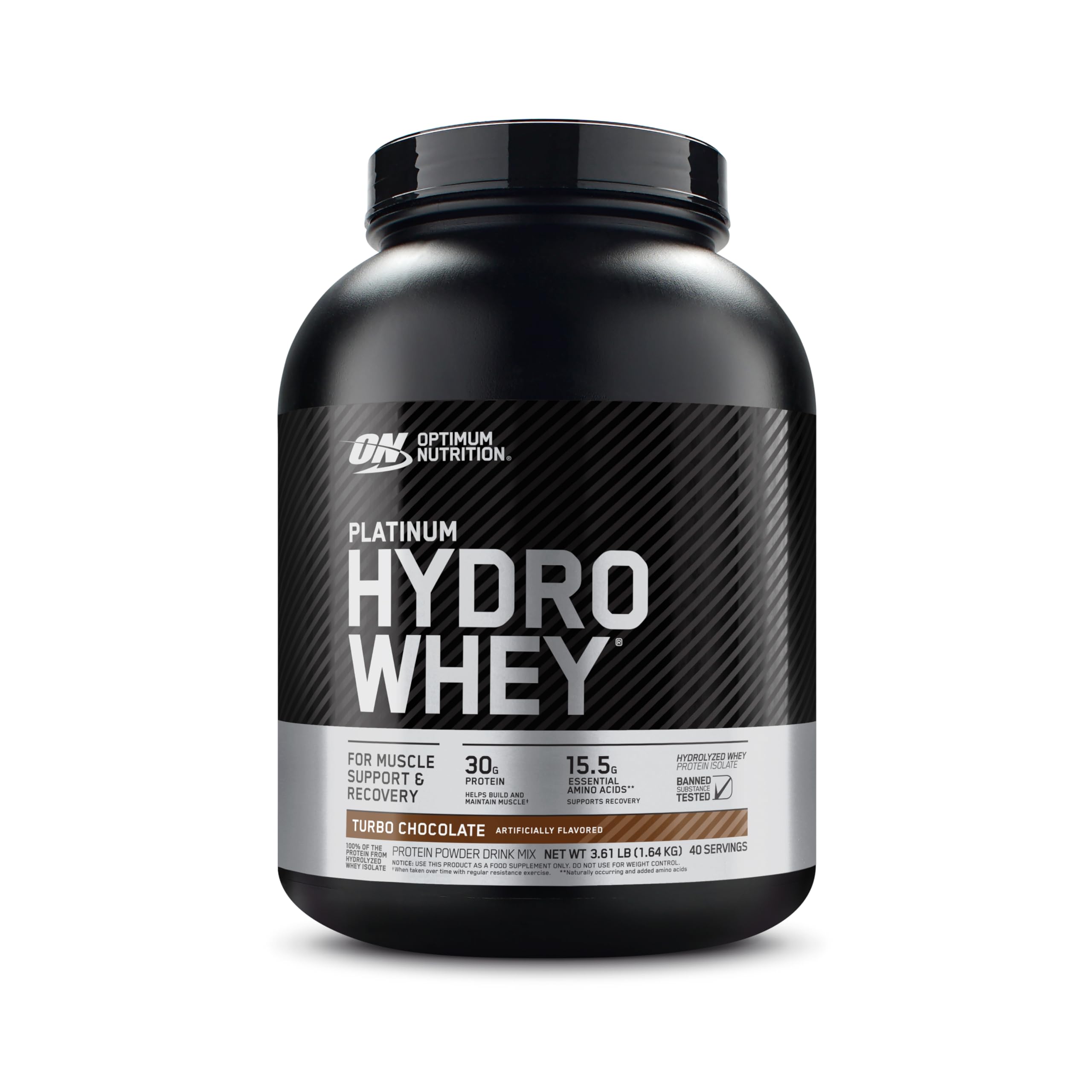 Optimum Nutrition tarro frontal Turbo Chocolate mostrando marca y peso claro