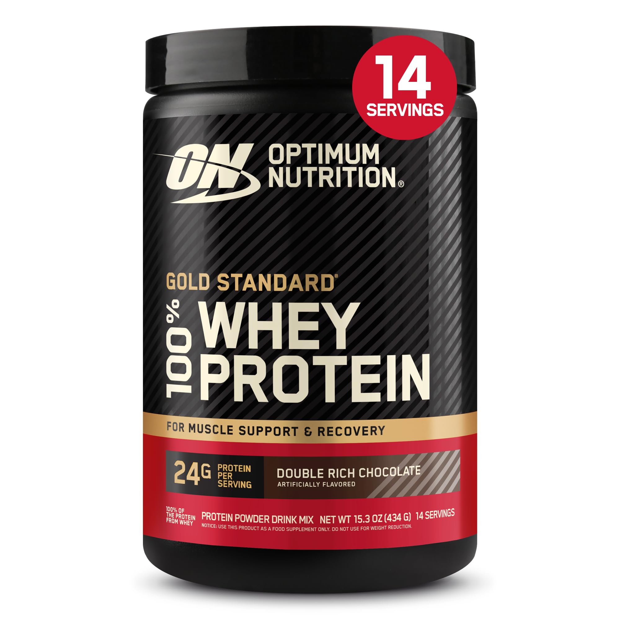 Optimum Nutrition tarro frontal de Gold Standard 100% Whey Double Rich Chocolate mostrando diseño y tamaño