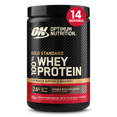 Optimum Nutrition tarro frontal de Gold Standard 100% Whey Double Rich Chocolate mostrando diseño y tamaño