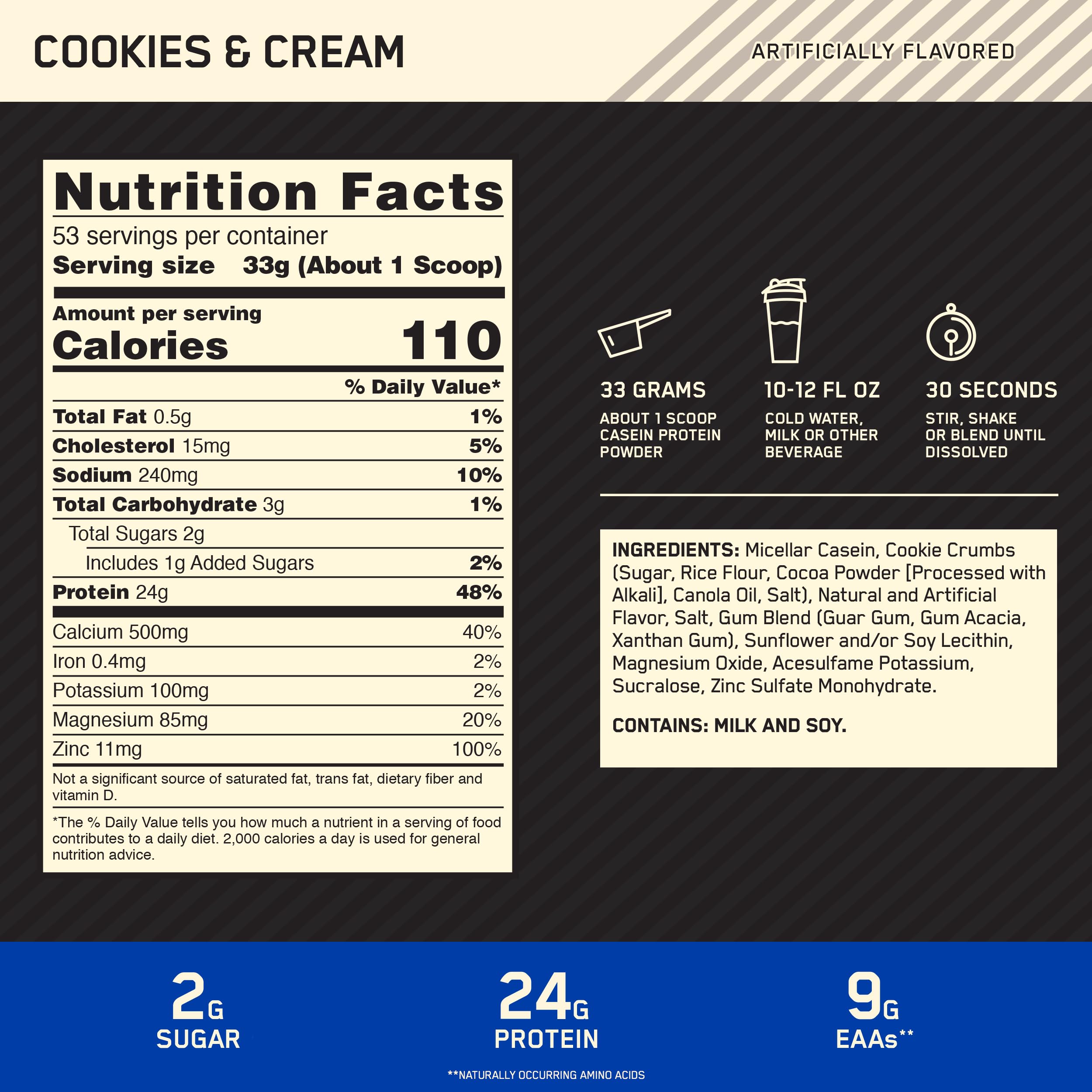 Optimum Nutrition textura del polvo en plato para apreciar finura y mezclabilidad