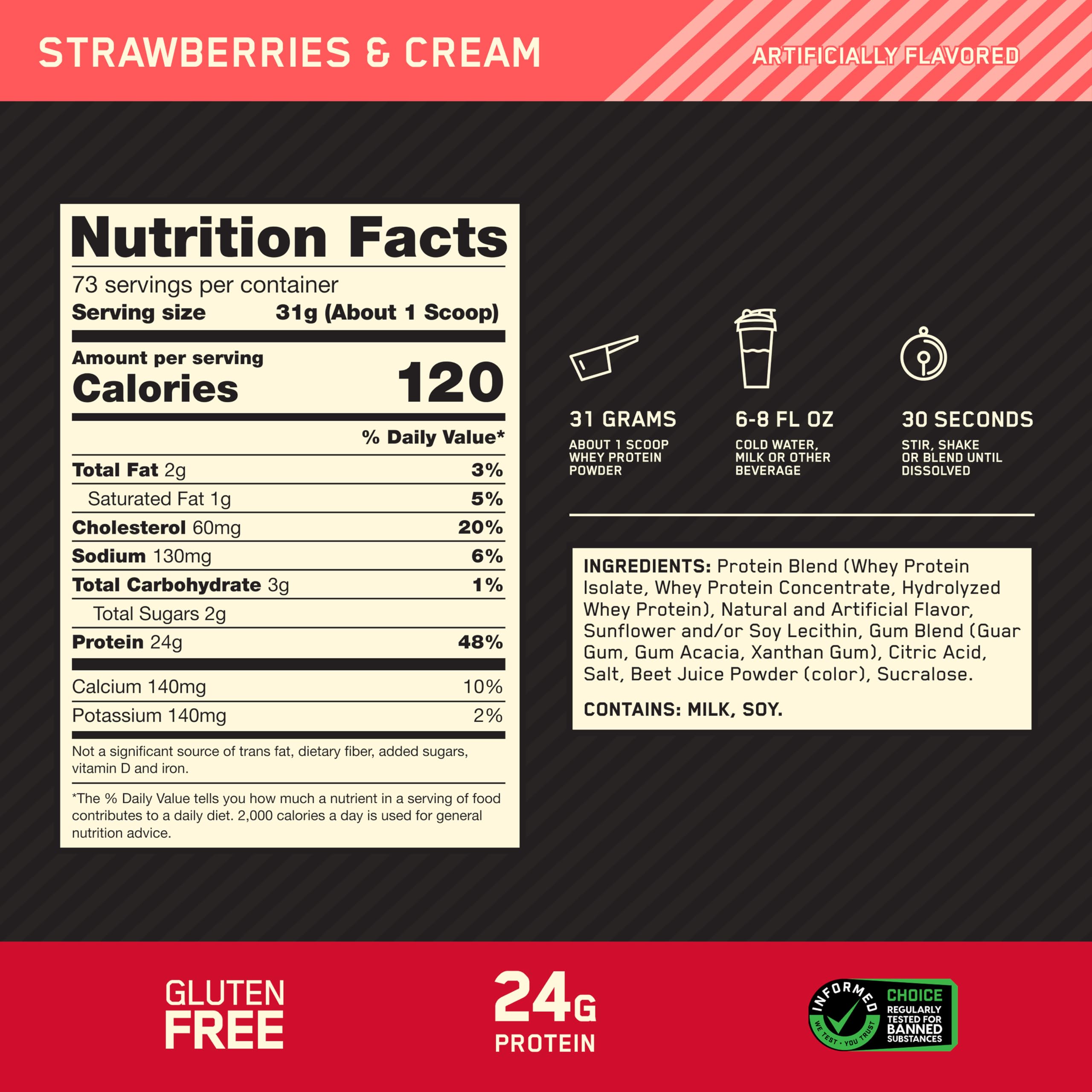 Optimum Nutrition polvo en cuchara mostrando textura fina y fácil mezcla