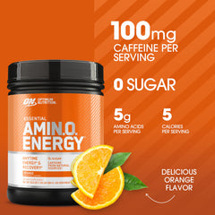 Polvo Optimum Nutrition naranja mostrando textura fina y mezcla fácil