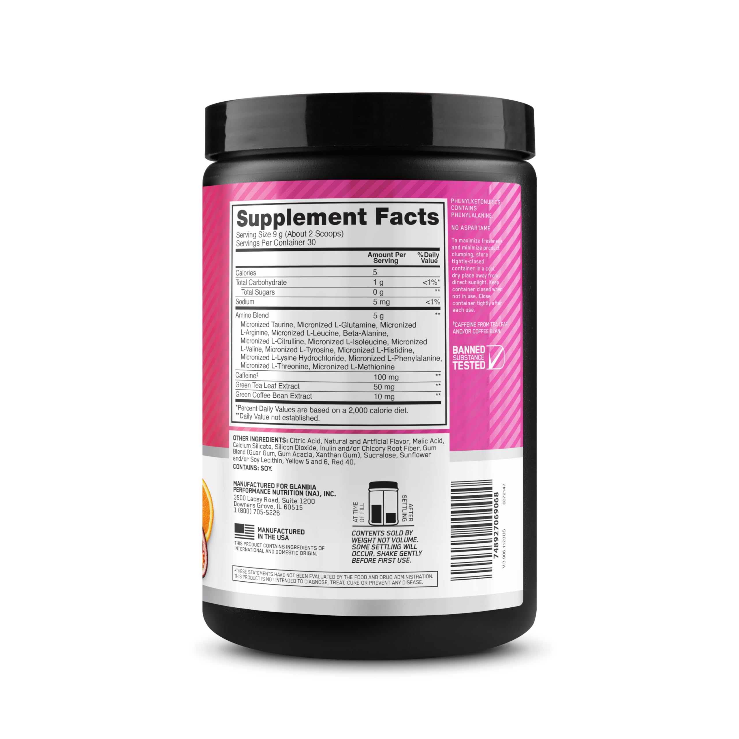 Optimum Nutrition close-up del color y brillo tropical, aspecto apetecible