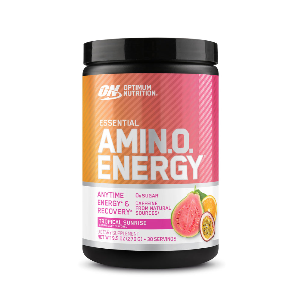 Optimum Nutrition envase frontal Tropical Sunrise muestra tamaño y branding atractivo