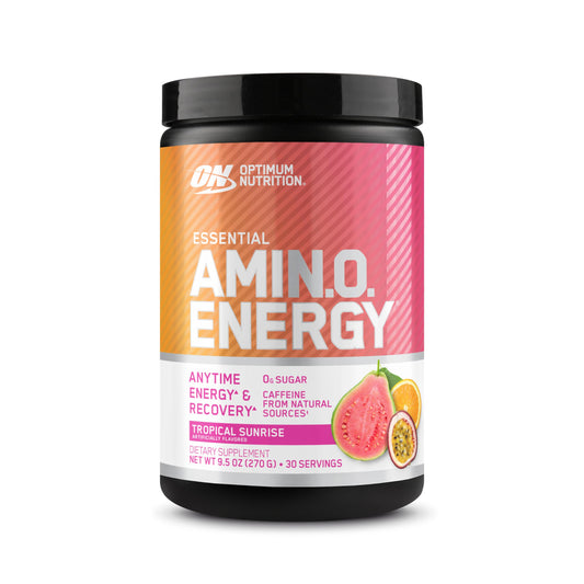 Optimum Nutrition envase frontal Tropical Sunrise muestra tamaño y branding atractivo