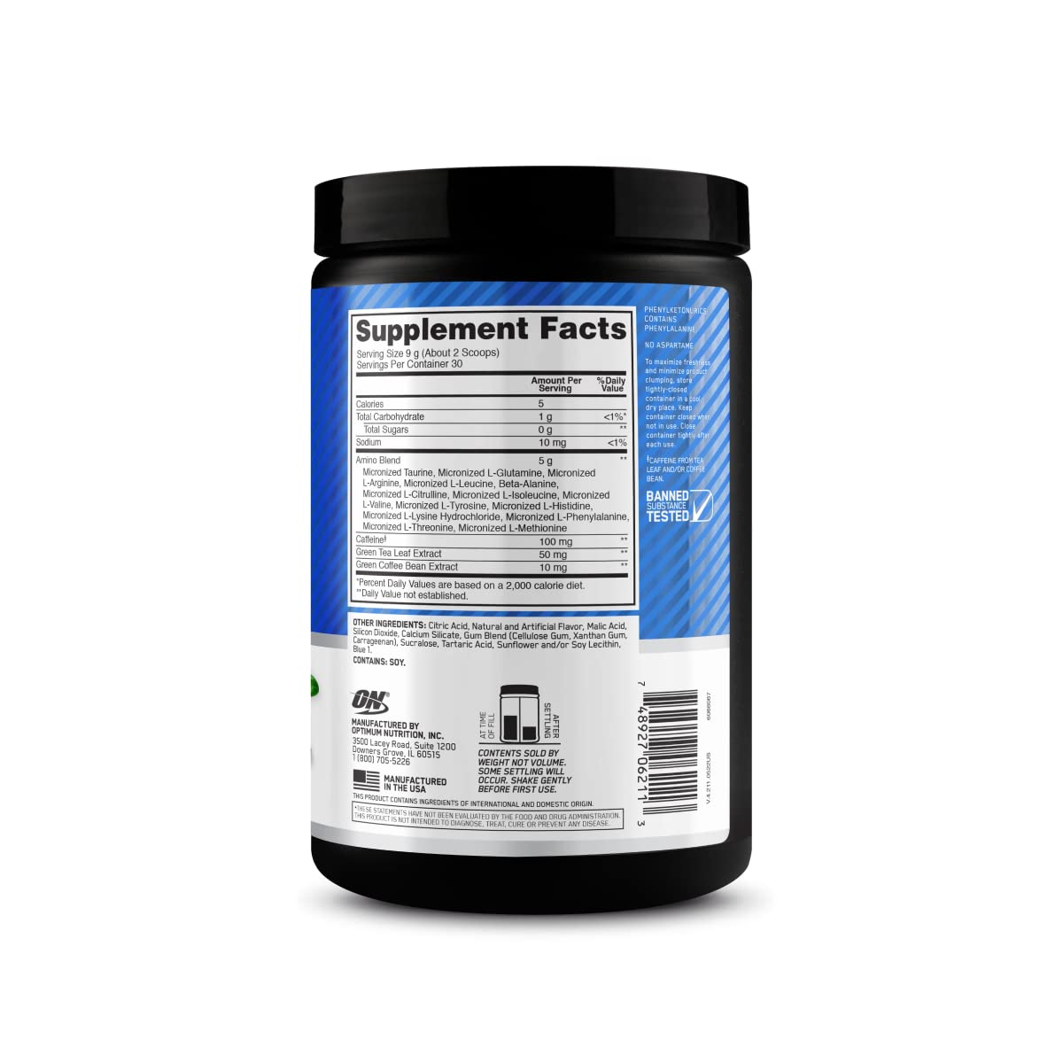 Optimum Nutrition botella en gimnasio, uso pre entreno para mejor enfoque