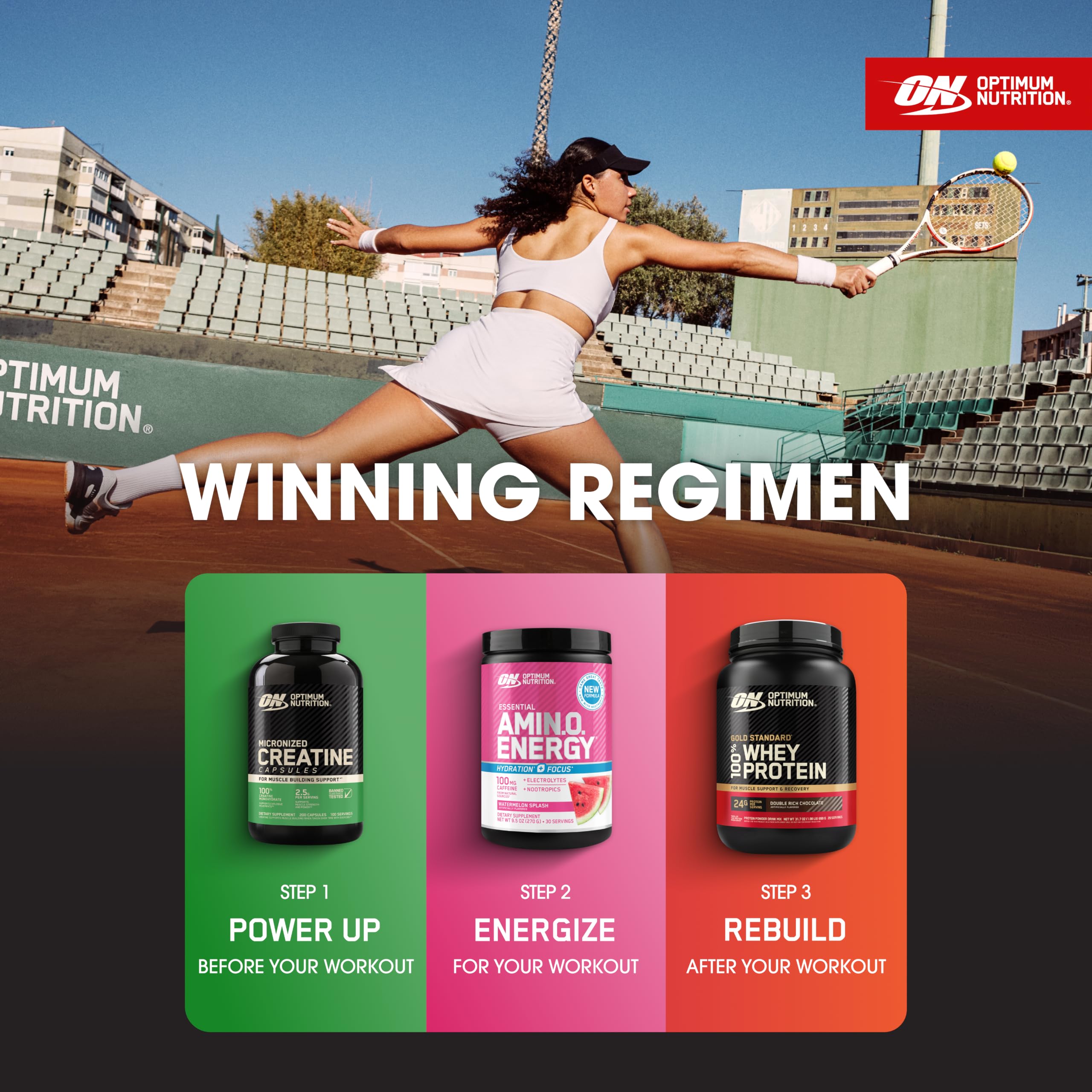 Optimum Nutrition cápsulas junto a botella de agua antes de entrenamiento