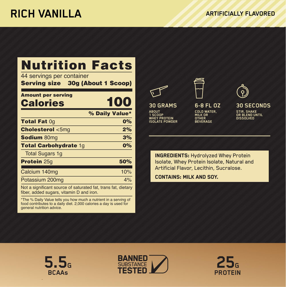 Optimum Nutrition vaso con batido vainilla listo para recuperación post-entreno