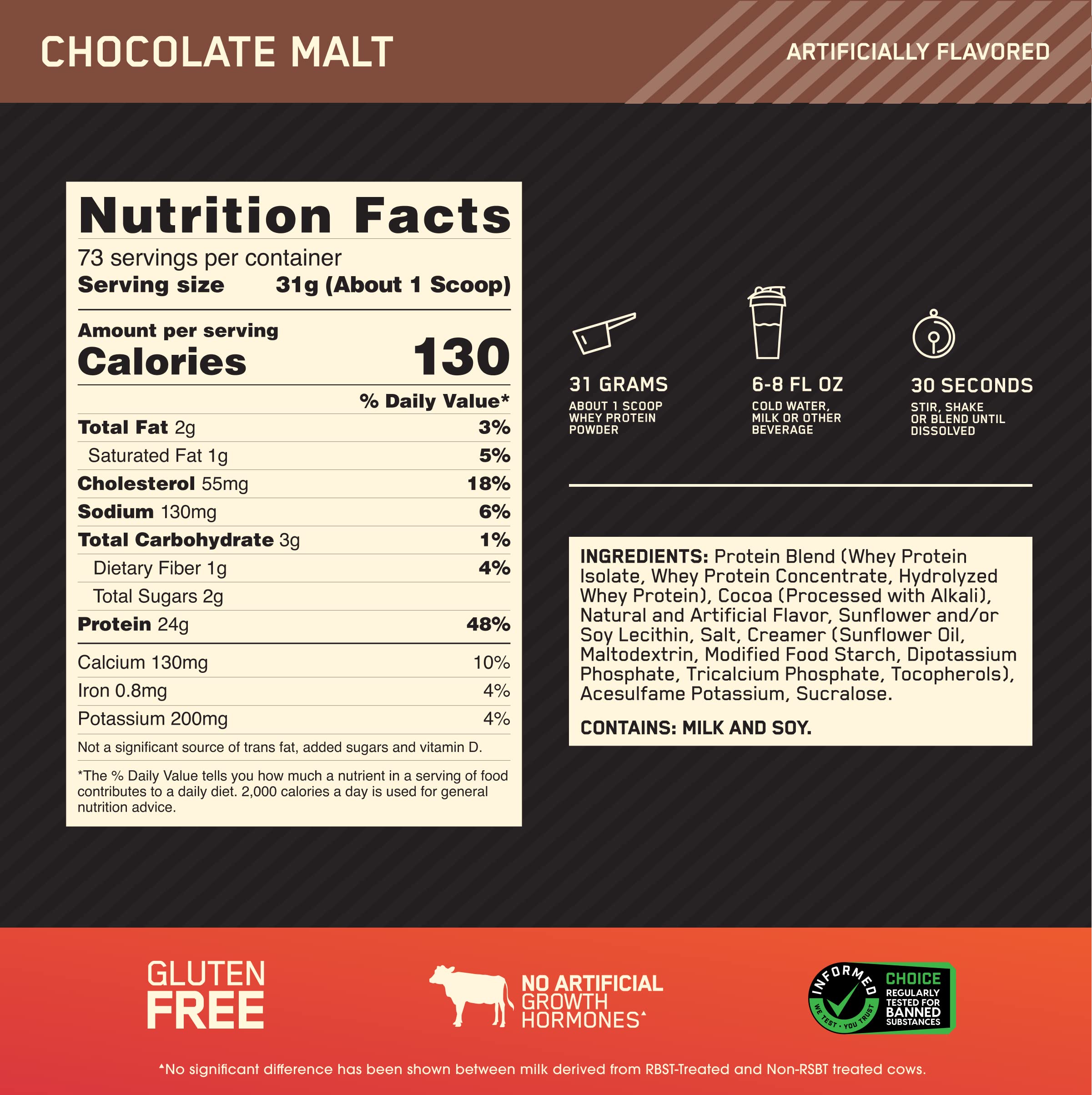 Vaso con batido Chocolate Malt de Optimum Nutrition listo para beber, favorece recuperación post-entreno