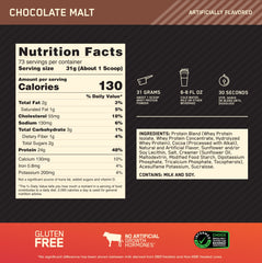 Vaso con batido Chocolate Malt de Optimum Nutrition listo para beber, favorece recuperación post-entreno