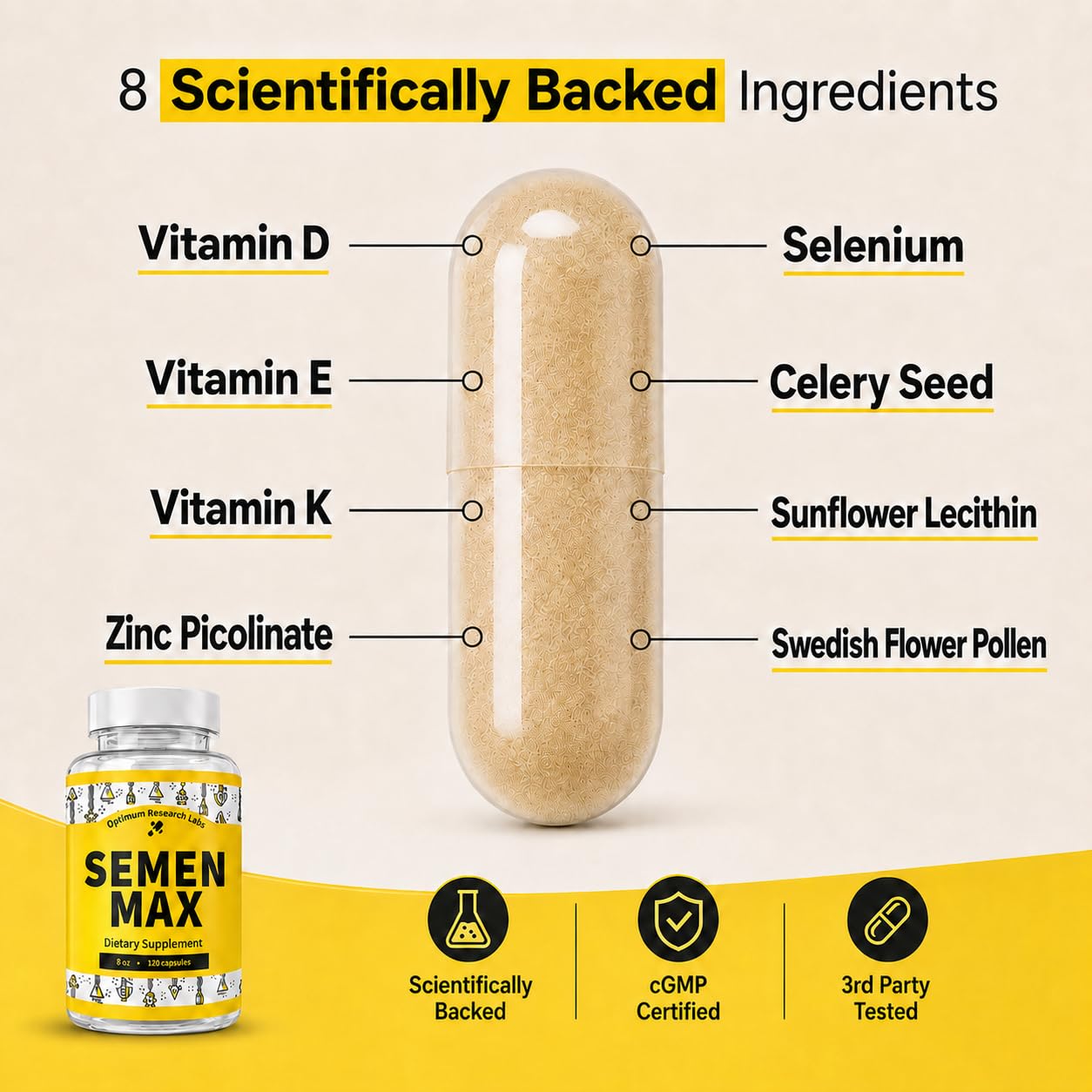 Optimum Research Labs Semen Max comparación de tamaño junto a una mano para escala