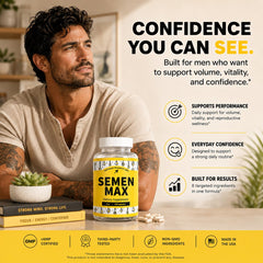 Optimum Research Labs Semen Max etiqueta con lista de ingredientes y certificaciones