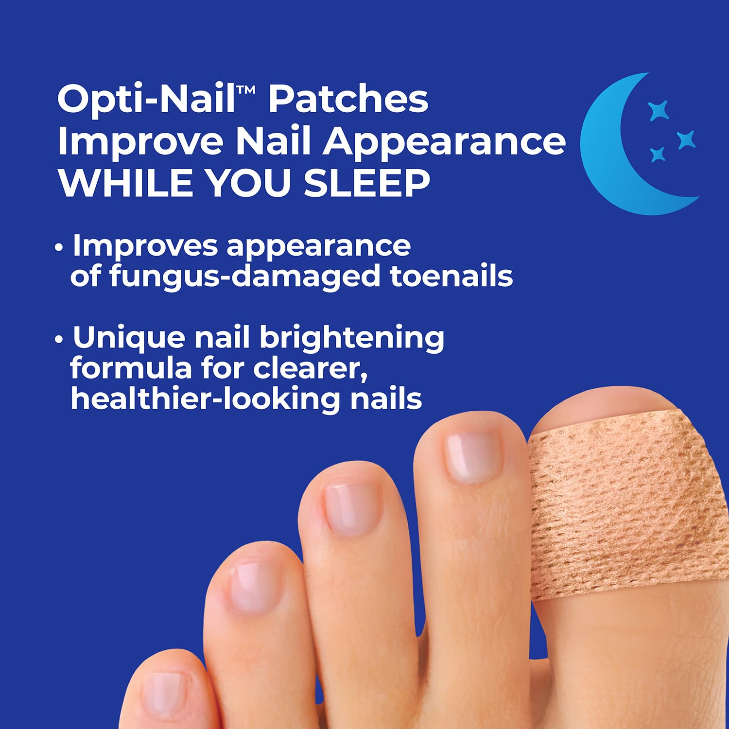 Opti-Nail parche colocado en uña durante la noche para tratamiento cosmético