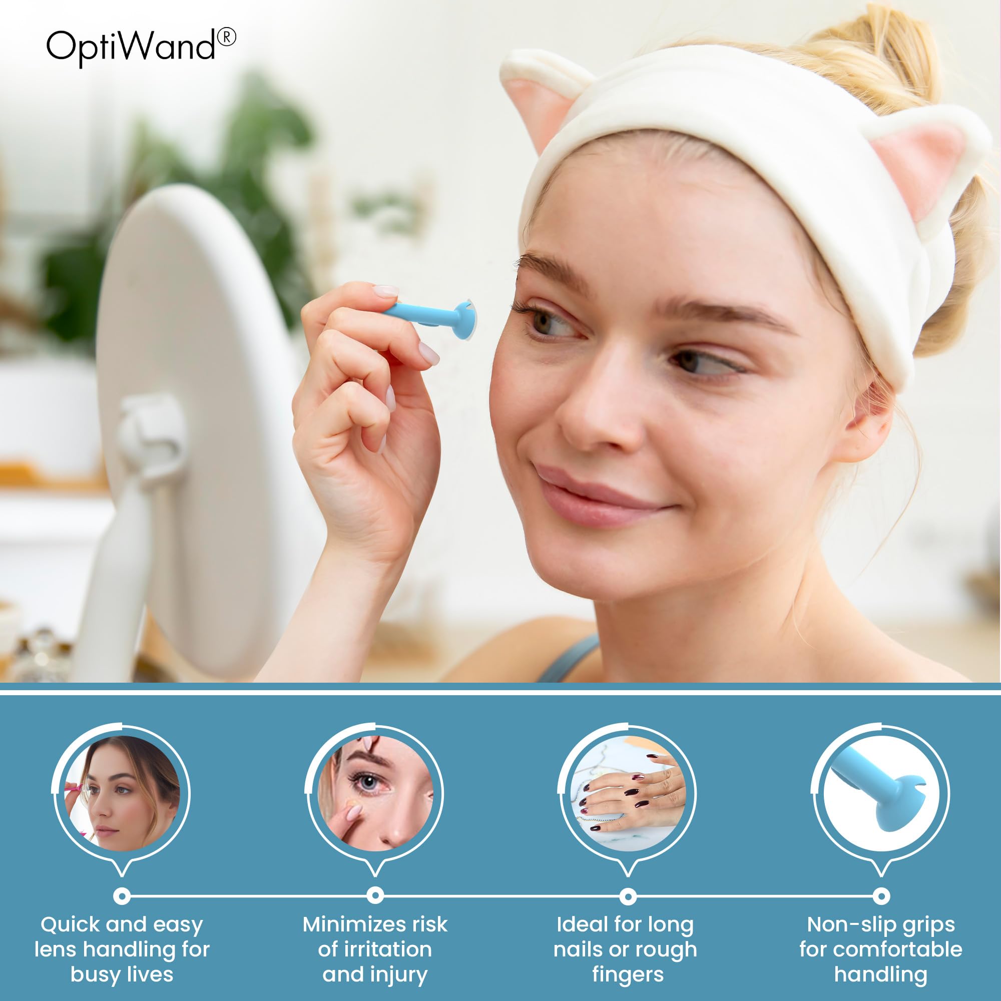 OptiWand en escenario lifestyle respaldando rutina cotidiana de lentes