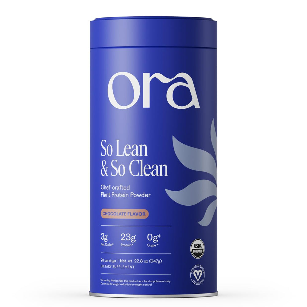 Ora Organic frente del envase mostrando 20 raciones y sabor chocolate