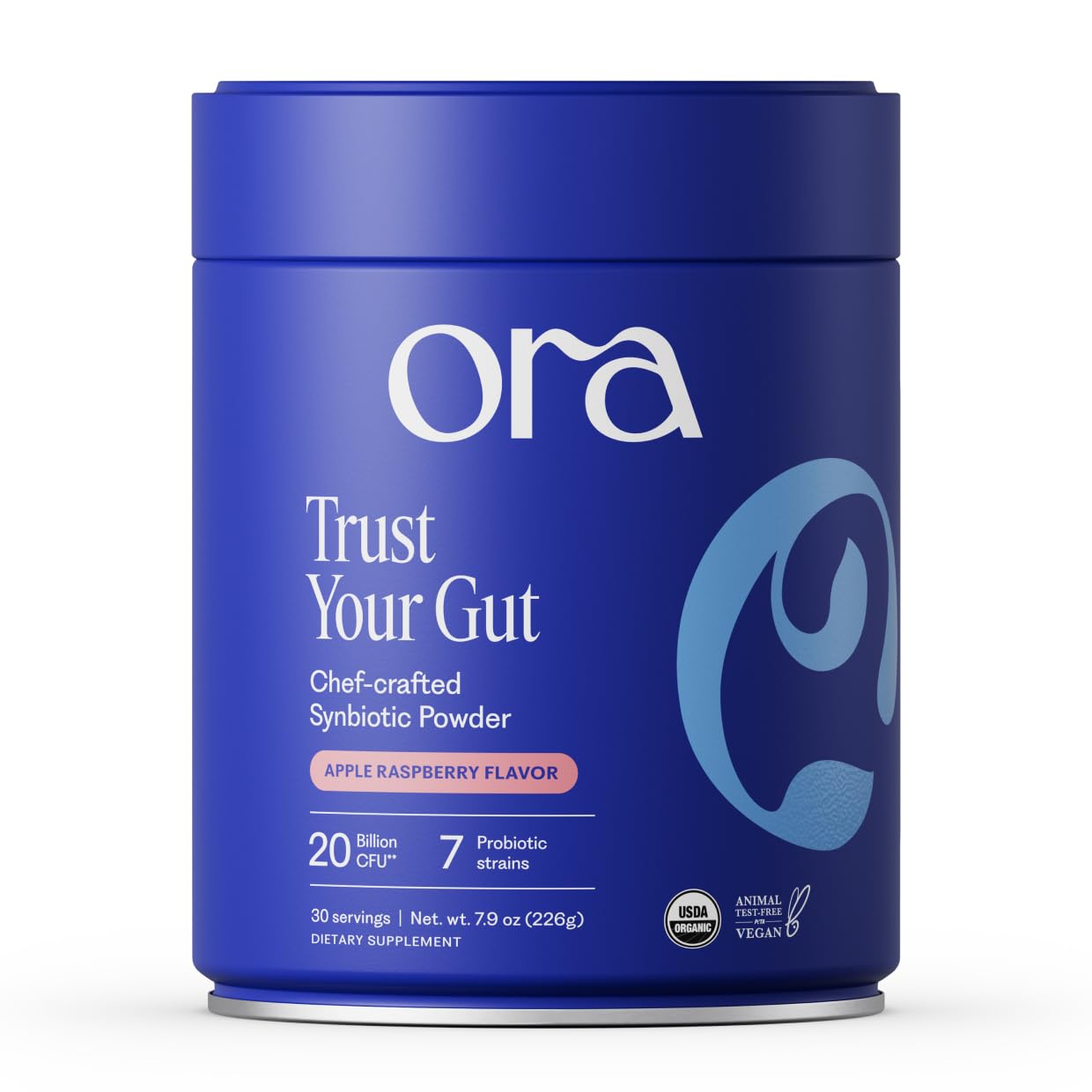 Ora Organic frente del envase mostrando el sello sin OGM y sabor manzana frambuesa