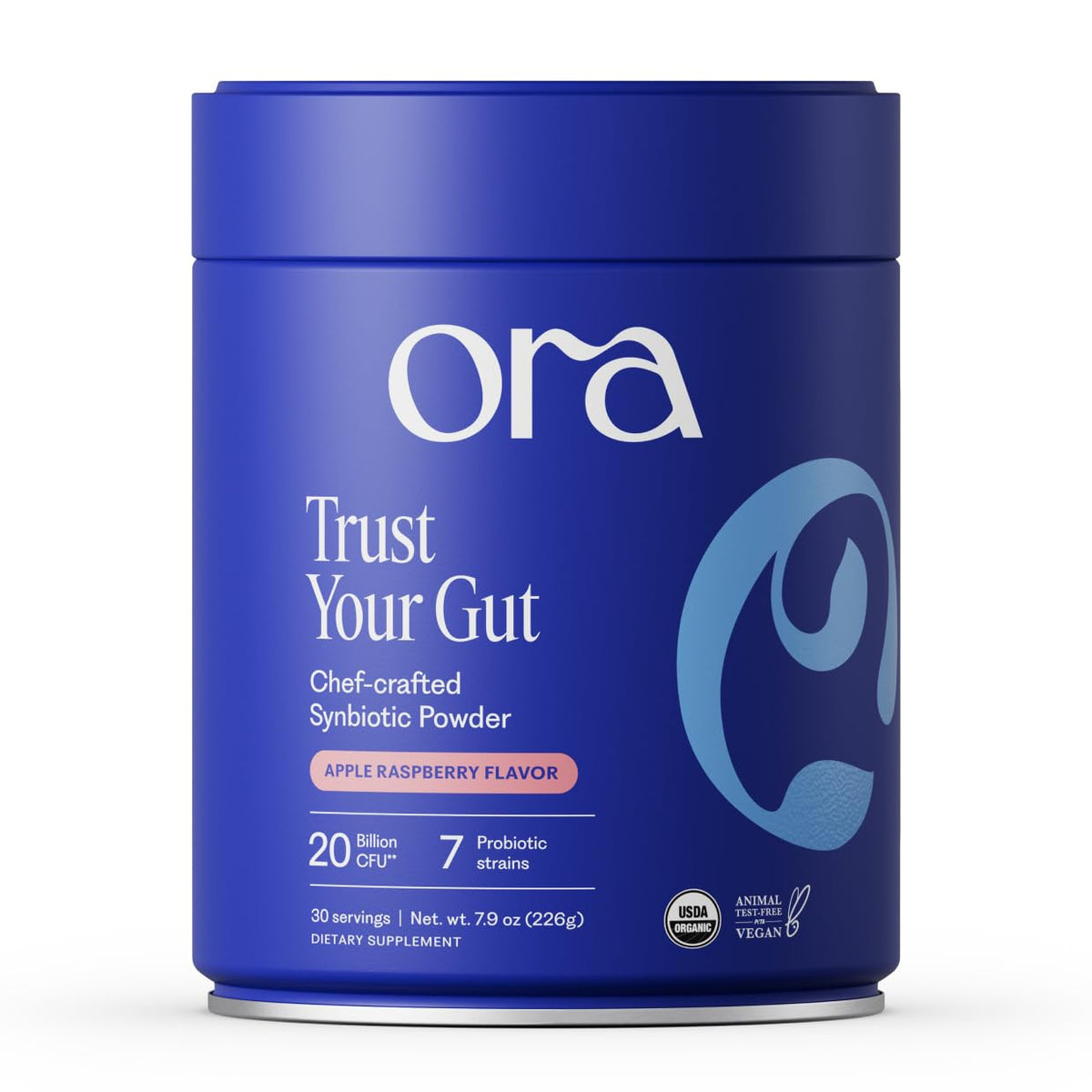 Ora Organic frente del envase mostrando el sello sin OGM y sabor manzana frambuesa