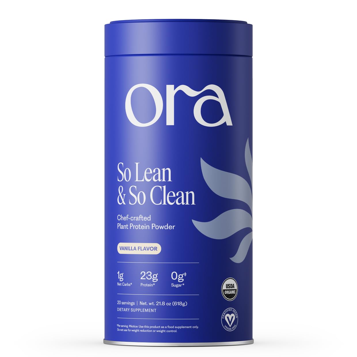 Ora Organic frente del envase mostrando 20 servicios y sabor vainilla beneficios visuales