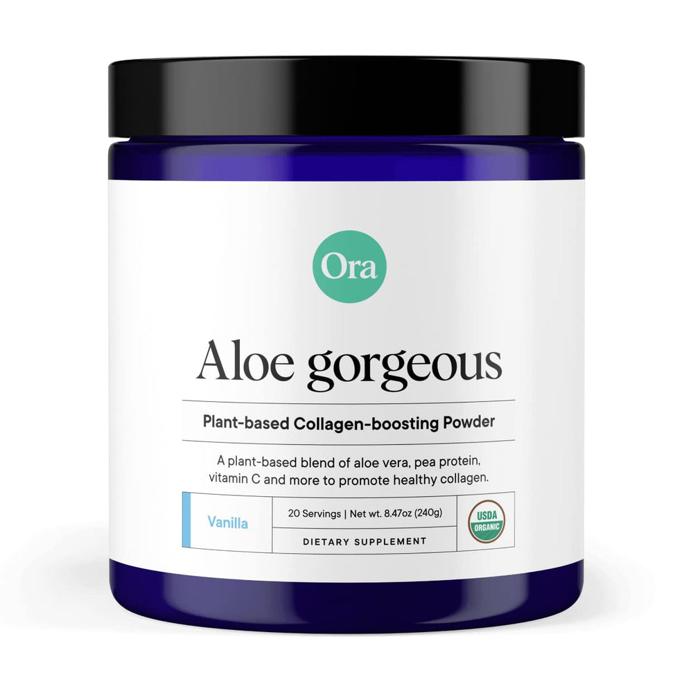 Envase de Ora Organic Aloe Gorgeous mostrando etiqueta y beneficio de apoyo al colágeno