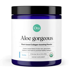 Envase de Ora Organic Aloe Gorgeous mostrando etiqueta y beneficio de apoyo al colágeno