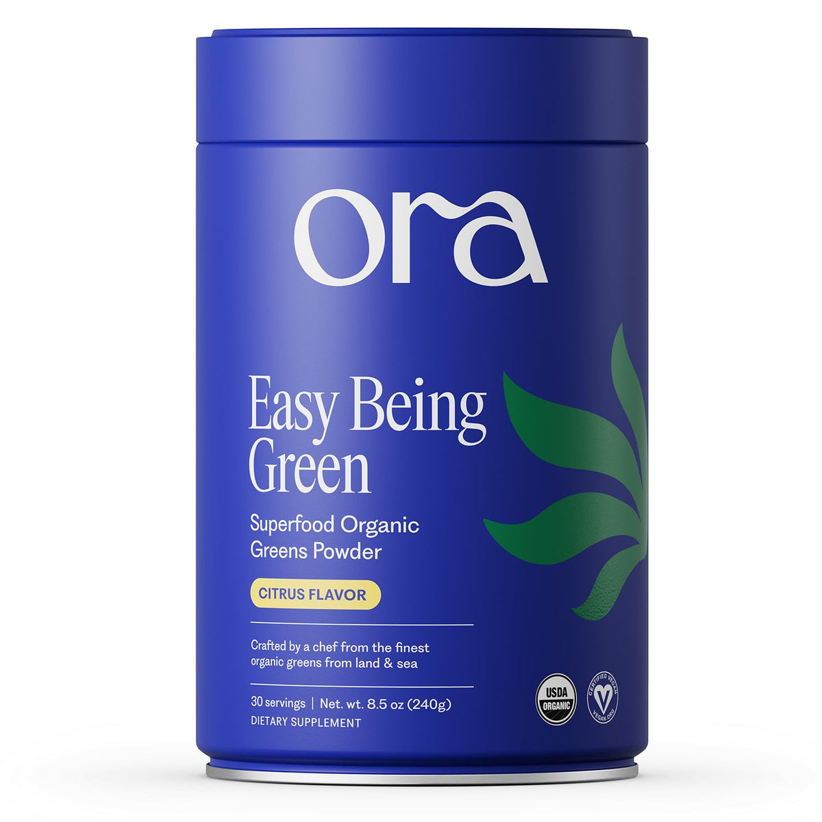 Ora Organic vista frontal del envase cítrico y 30 porciones, práctico para consumo diario