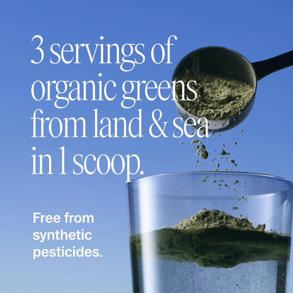 Ora Organic persona sirviendo un batido con el polvo, aporte rápido de supergreens