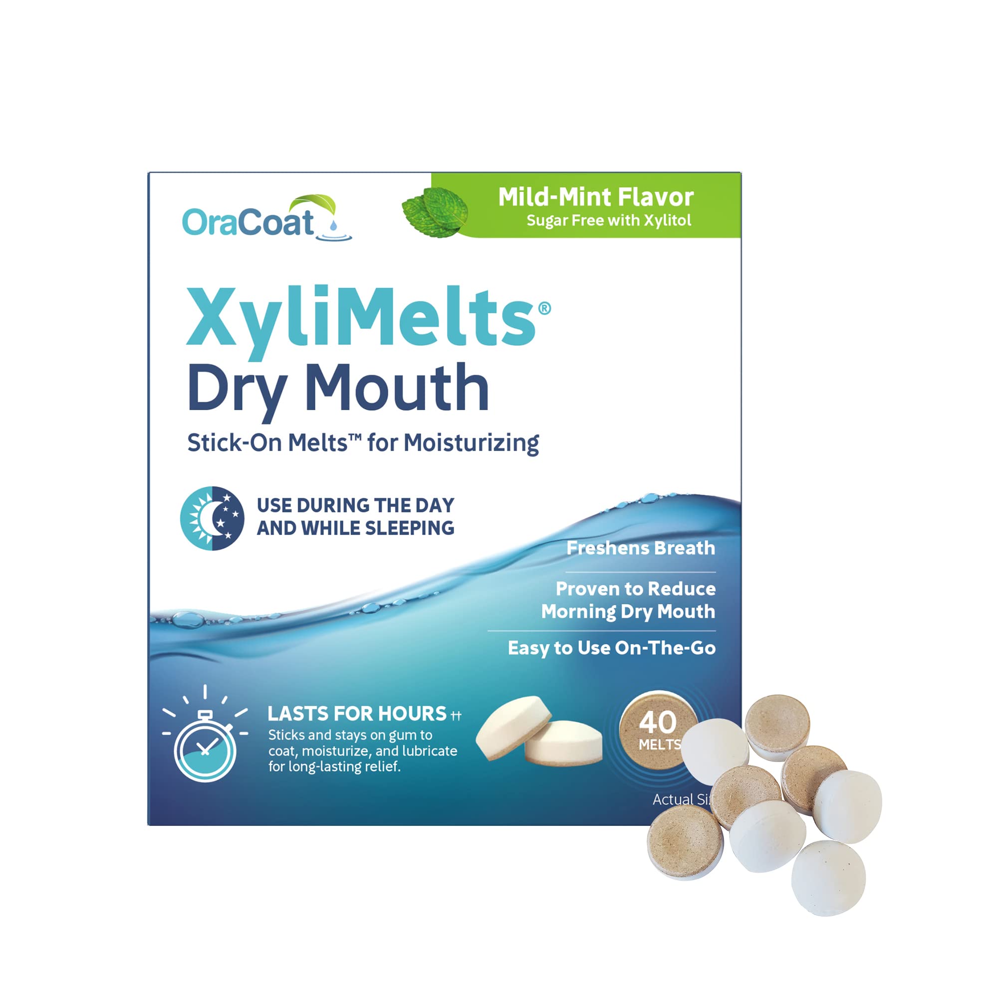 Oracoat XyliMelts embalaje frontal mostrando 40 discos y blister — alivio prolongado
