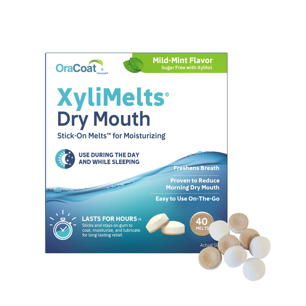 Oracoat XyliMelts embalaje frontal mostrando 40 discos y blister — alivio prolongado