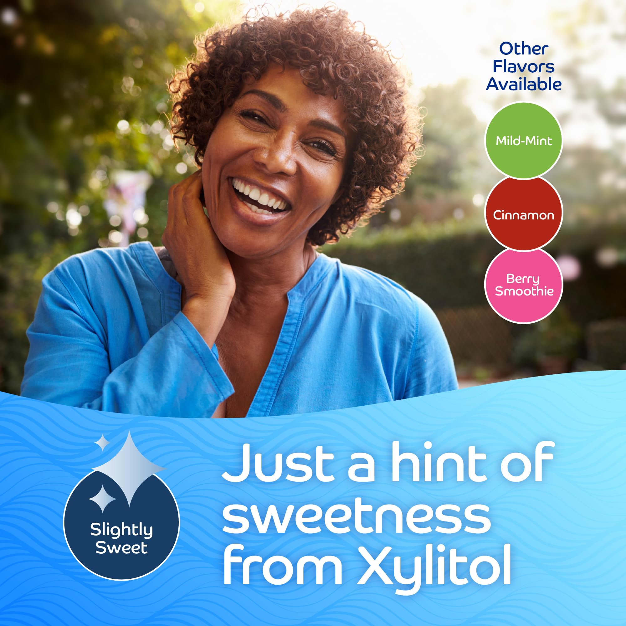 Oracoat xilitol en enfoque indicando ingrediente activo que estimula saliva