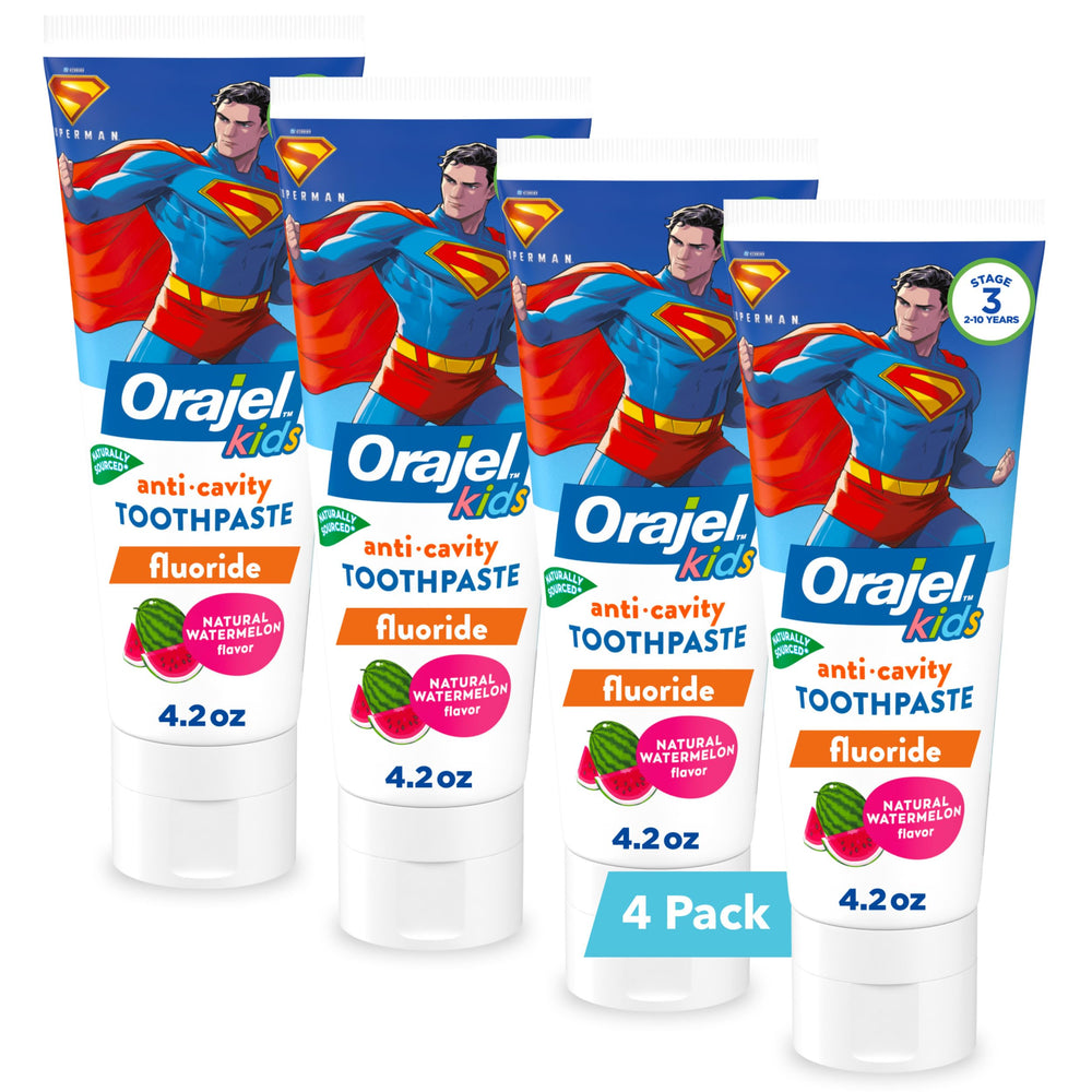 Orajel tubo frontal Superman mostrando diseño atractivo y duración
