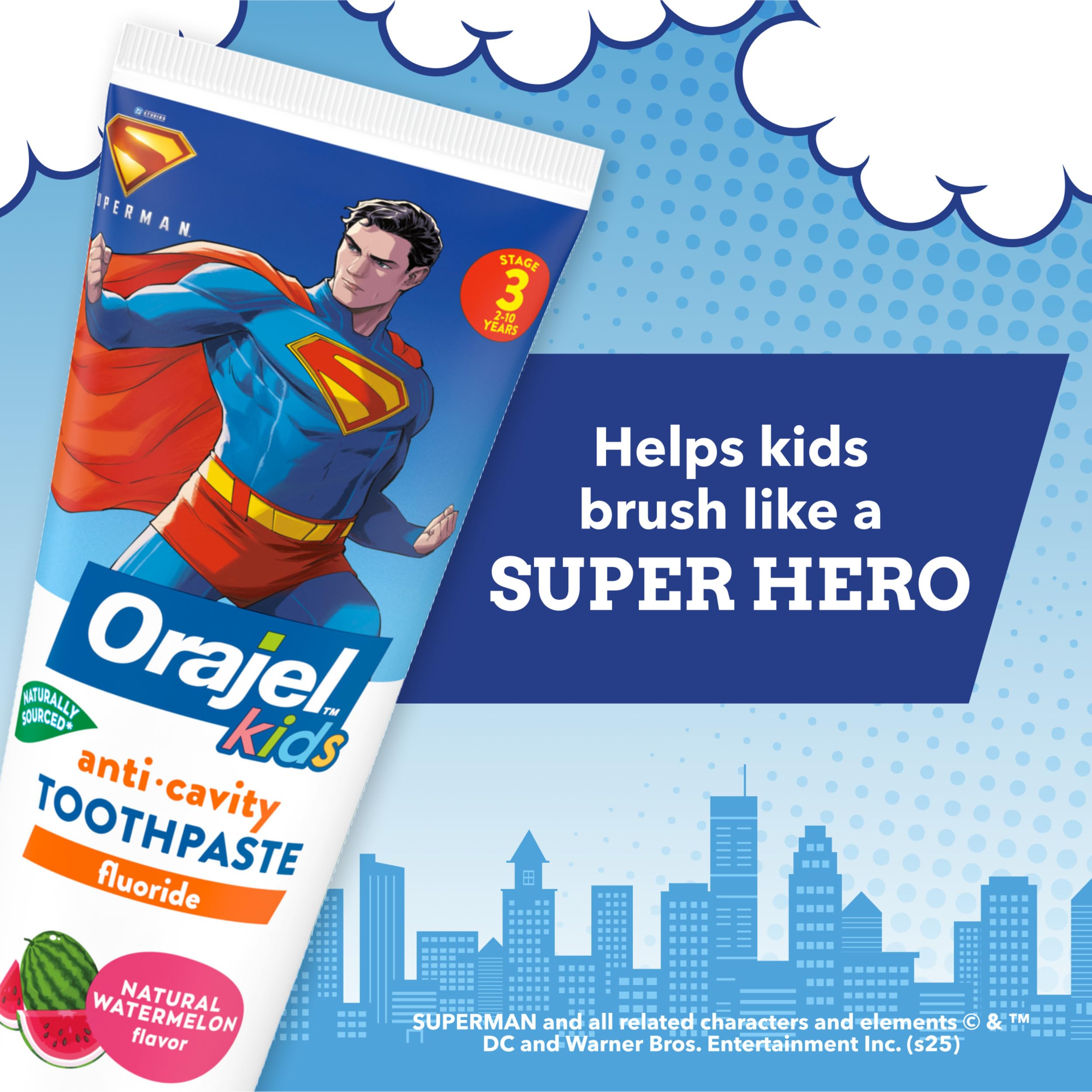 Primer plano de la pasta Orajel Superman textura y color sandía