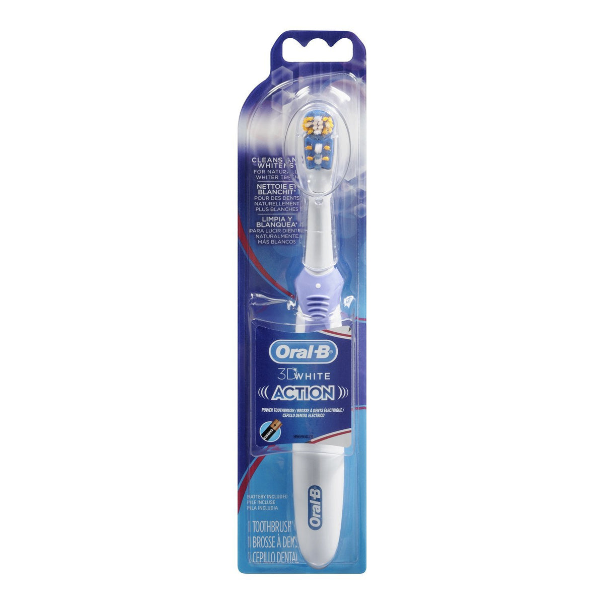 Oral-B cepillo frontal mostrando diseño multicolor y beneficio limpieza eficaz