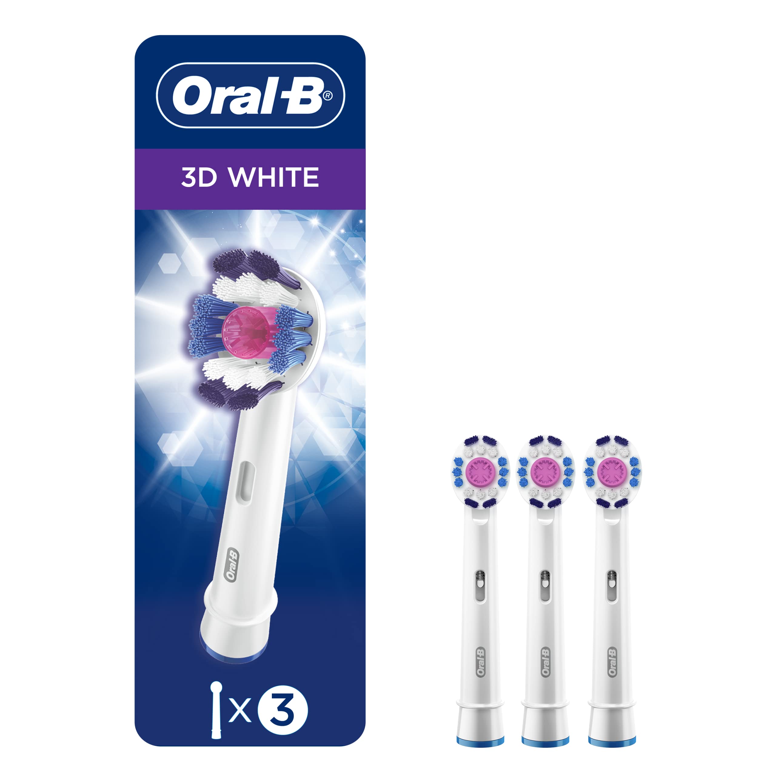 Oral-B cabezal 3D White frontal mostrando diseño redondo y beneficios de limpieza