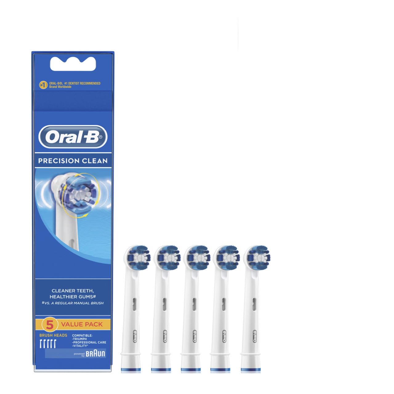 Oral-B Braun primer plano frontal del pack de 5 cabezales, muestra compatibilidad y ahorro