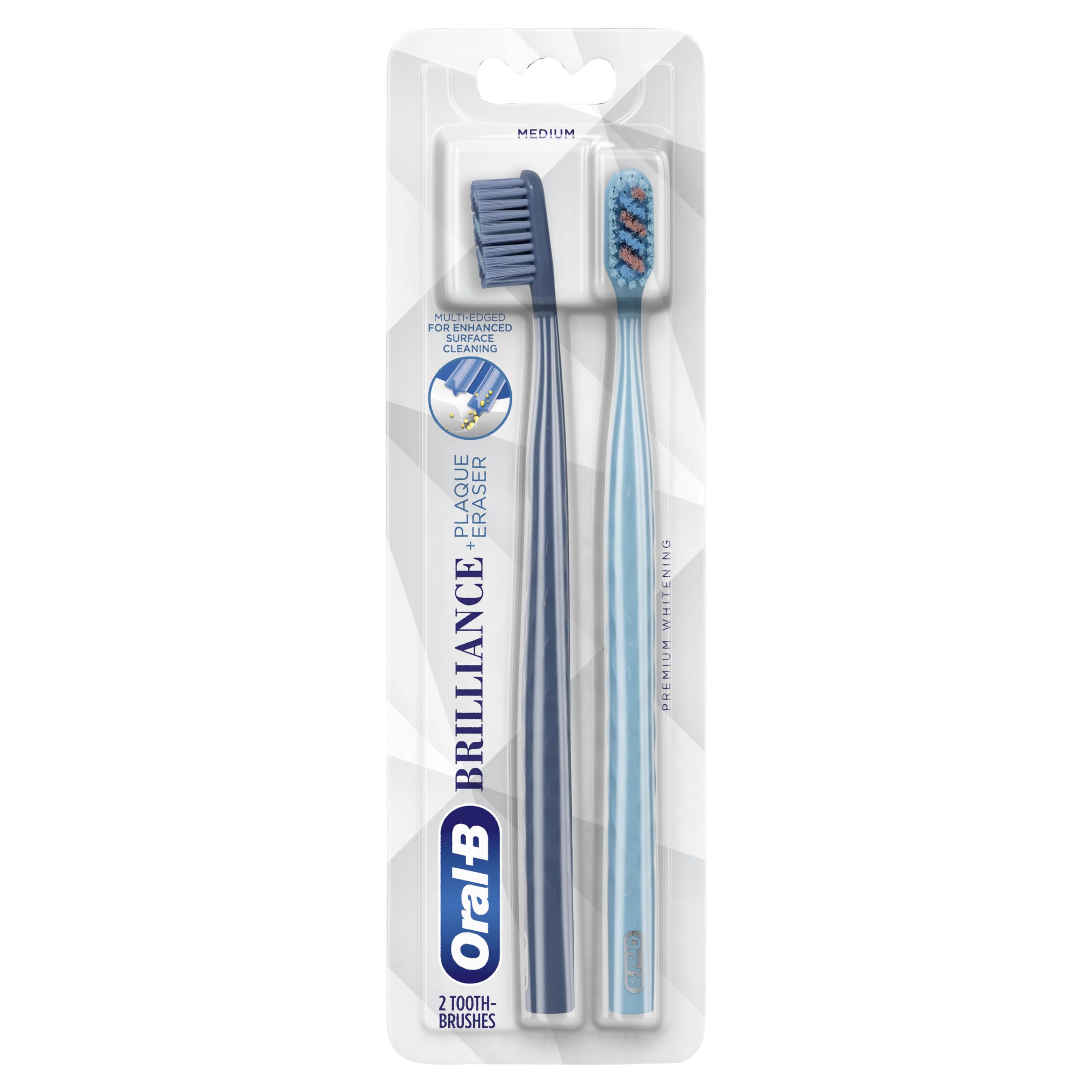 Oral-B cepillo frontal en empaque mostrando los dos colores y beneficio limpieza eficaz
