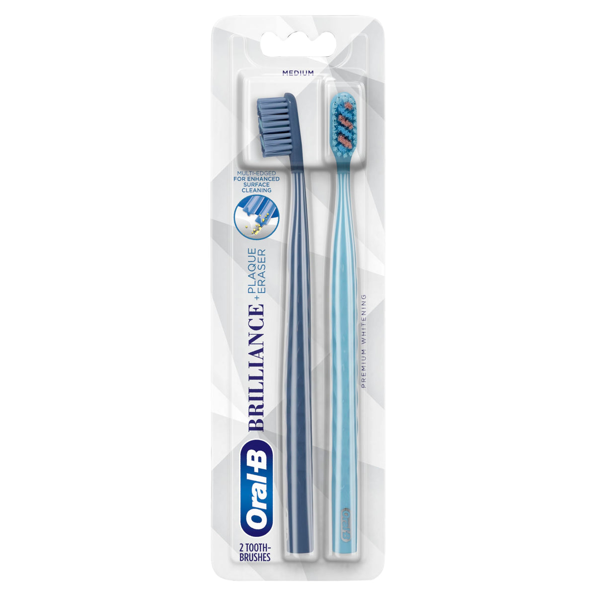Oral-B cepillo frontal en empaque mostrando los dos colores y beneficio limpieza eficaz